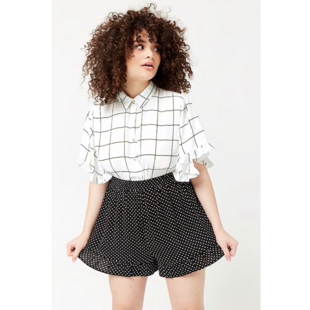 Grid Print Ruffle Trim Blouse